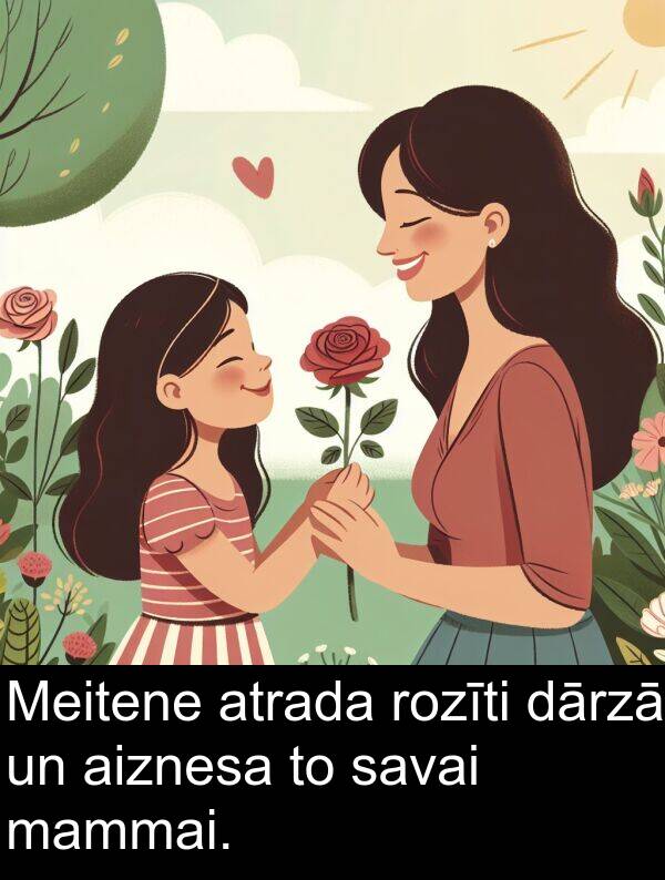 atrada: Meitene atrada rozīti dārzā un aiznesa to savai mammai.