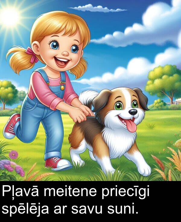 priecīgi: Pļavā meitene priecīgi spēlēja ar savu suni.
