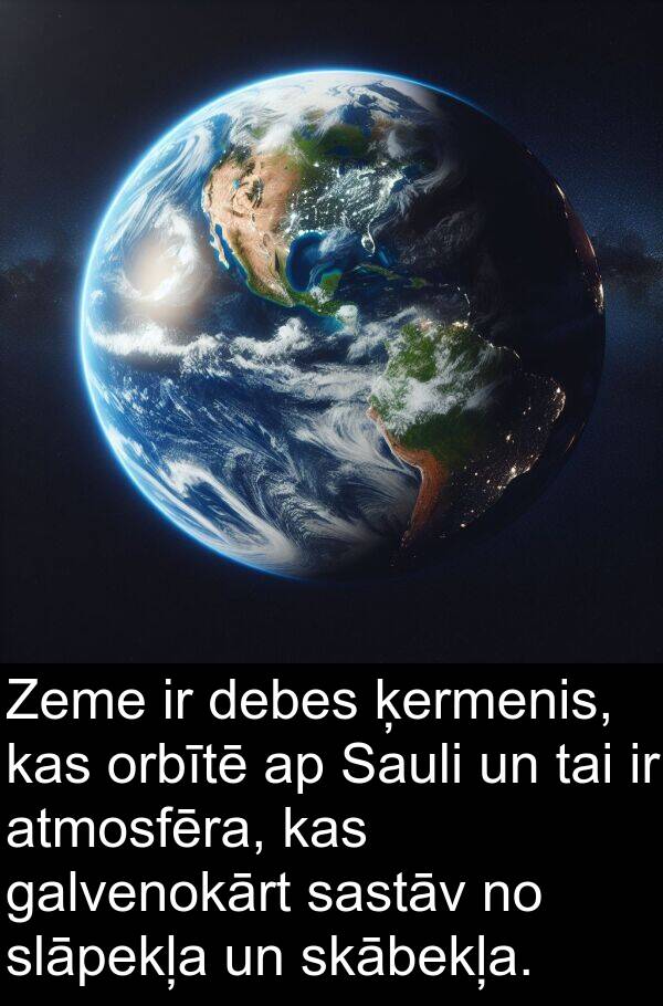 galvenokārt: Zeme ir debes ķermenis, kas orbītē ap Sauli un tai ir atmosfēra, kas galvenokārt sastāv no slāpekļa un skābekļa.