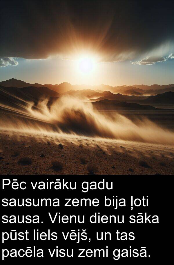 gaisā: Pēc vairāku gadu sausuma zeme bija ļoti sausa. Vienu dienu sāka pūst liels vējš, un tas pacēla visu zemi gaisā.