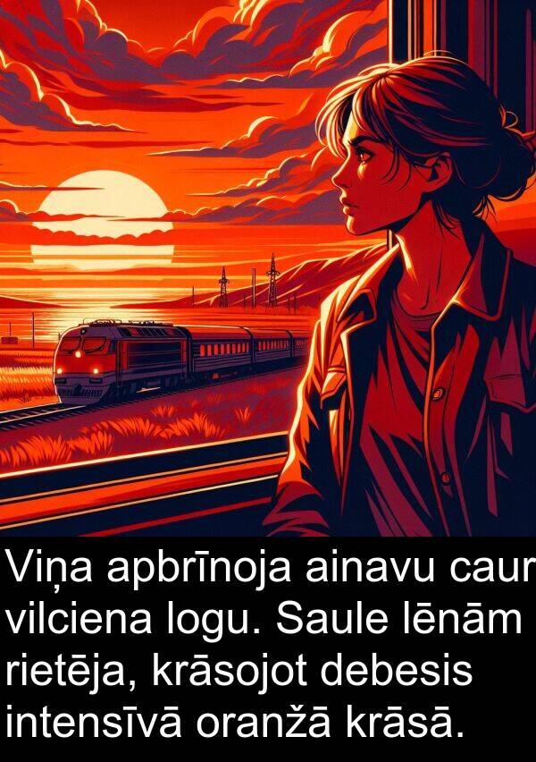 krāsā: Viņa apbrīnoja ainavu caur vilciena logu. Saule lēnām rietēja, krāsojot debesis intensīvā oranžā krāsā.