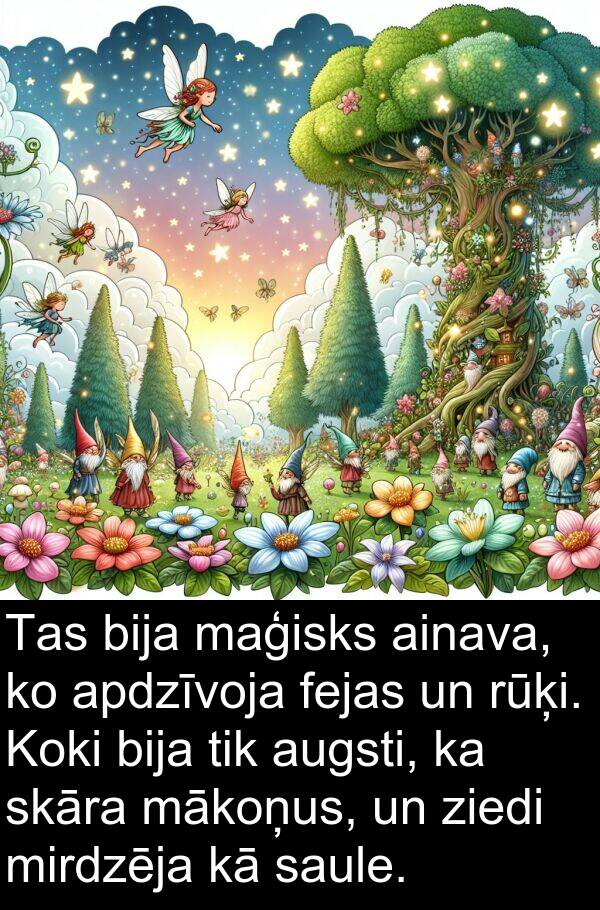 mākoņus: Tas bija maģisks ainava, ko apdzīvoja fejas un rūķi. Koki bija tik augsti, ka skāra mākoņus, un ziedi mirdzēja kā saule.
