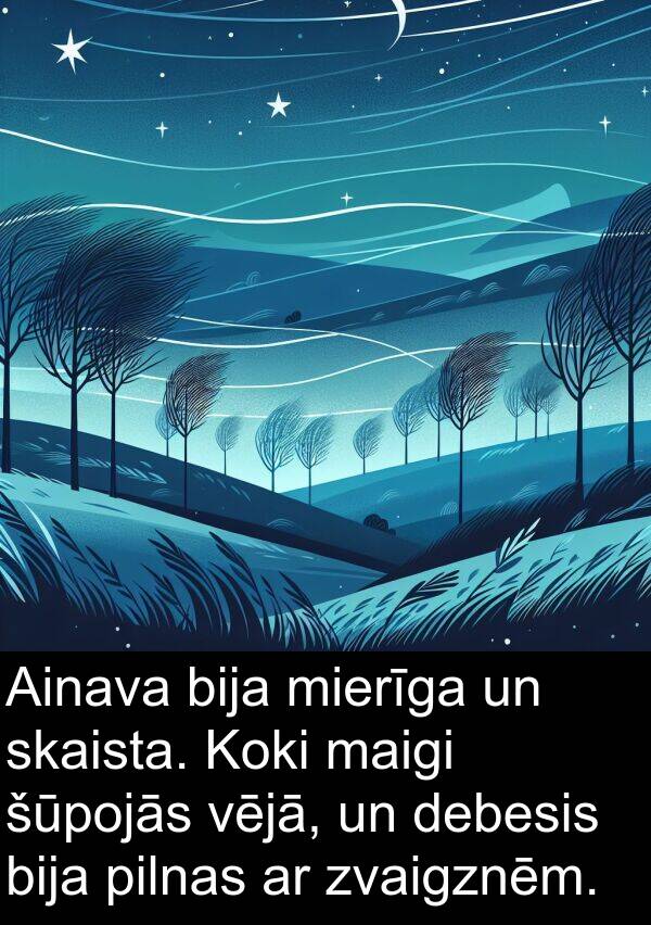 maigi: Ainava bija mierīga un skaista. Koki maigi šūpojās vējā, un debesis bija pilnas ar zvaigznēm.