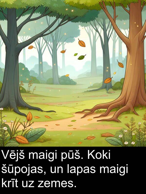 krīt: Vējš maigi pūš. Koki šūpojas, un lapas maigi krīt uz zemes.