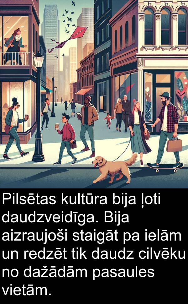 kultūra: Pilsētas kultūra bija ļoti daudzveidīga. Bija aizraujoši staigāt pa ielām un redzēt tik daudz cilvēku no dažādām pasaules vietām.