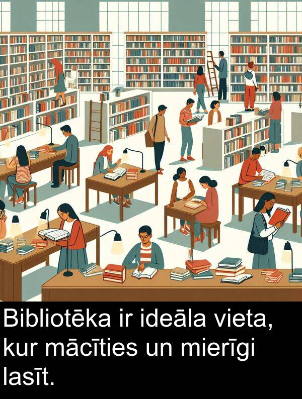 kur: Bibliotēka ir ideāla vieta, kur mācīties un mierīgi lasīt.