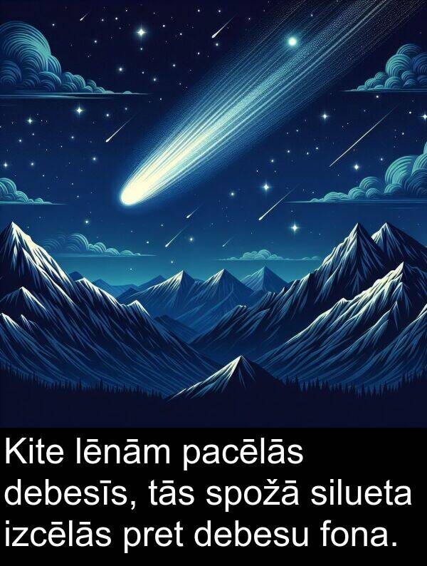 pacēlās: Kite lēnām pacēlās debesīs, tās spožā silueta izcēlās pret debesu fona.