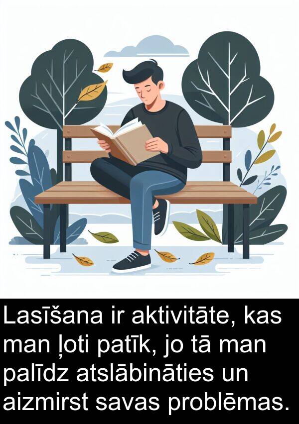 aktivitāte: Lasīšana ir aktivitāte, kas man ļoti patīk, jo tā man palīdz atslābināties un aizmirst savas problēmas.