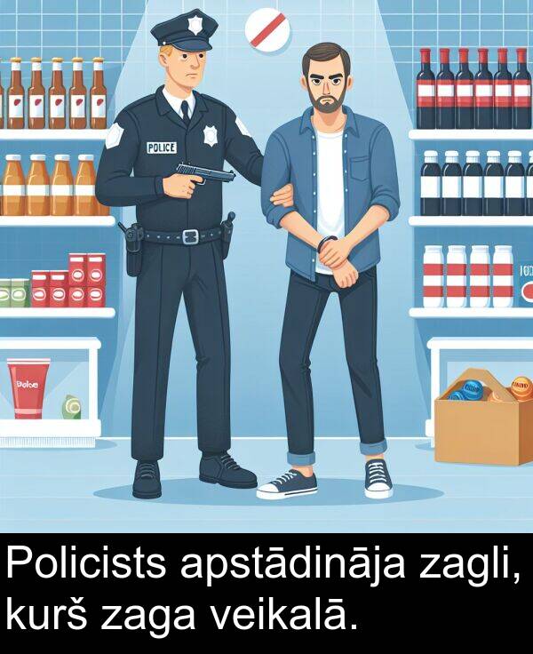 kurš: Policists apstādināja zagli, kurš zaga veikalā.
