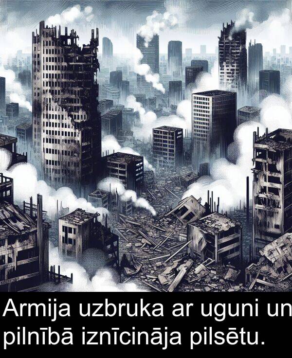 uguni: Armija uzbruka ar uguni un pilnībā iznīcināja pilsētu.