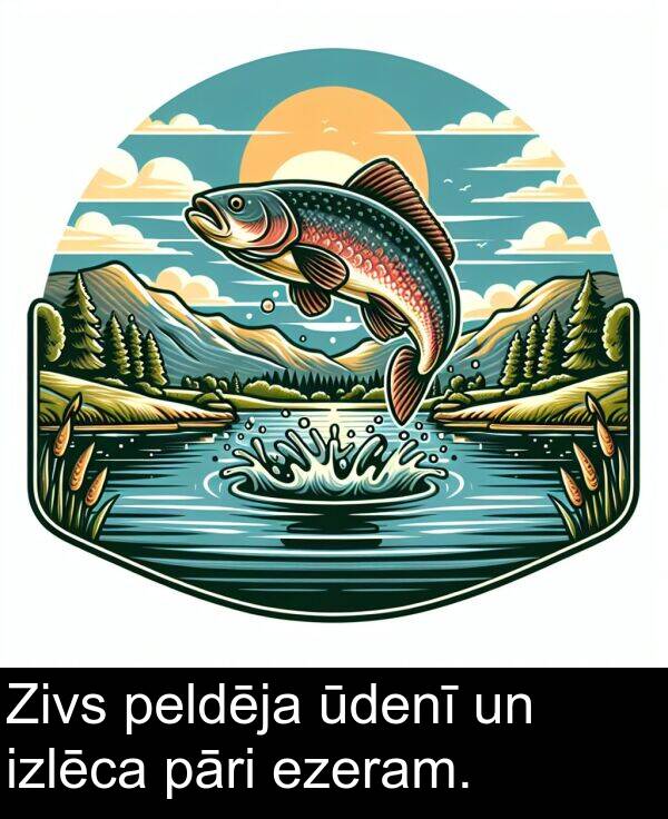 ūdenī: Zivs peldēja ūdenī un izlēca pāri ezeram.