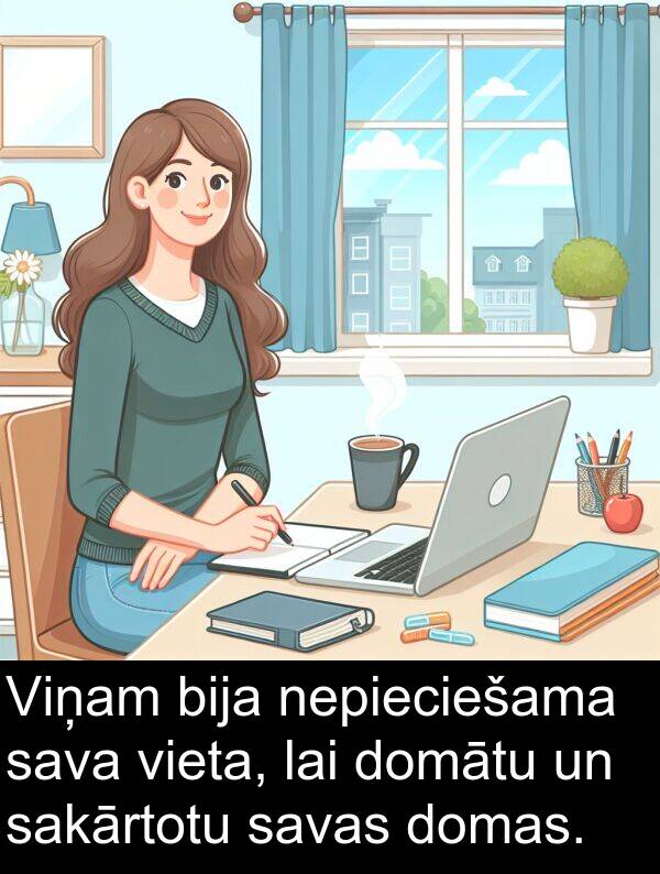 sakārtotu: Viņam bija nepieciešama sava vieta, lai domātu un sakārtotu savas domas.