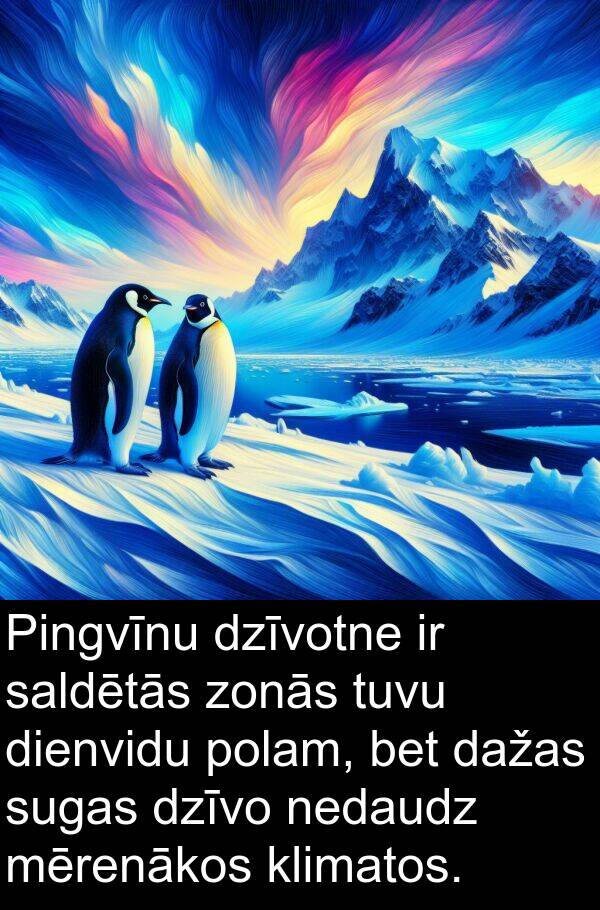 sugas: Pingvīnu dzīvotne ir saldētās zonās tuvu dienvidu polam, bet dažas sugas dzīvo nedaudz mērenākos klimatos.