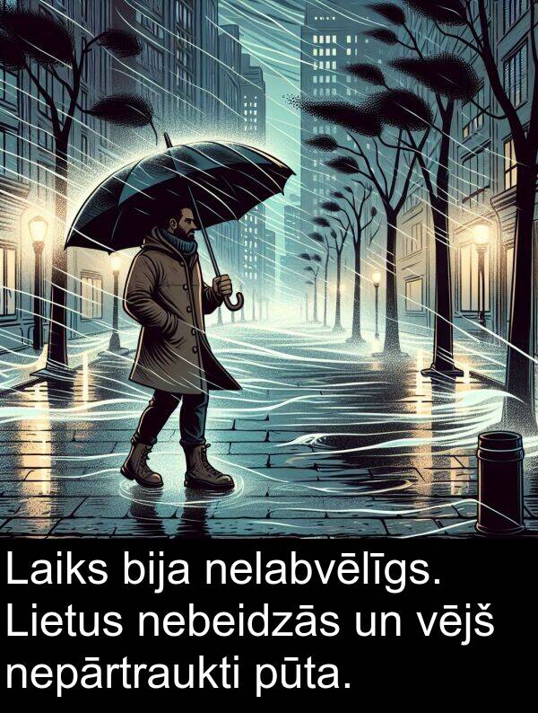 nelabvēlīgs: Laiks bija nelabvēlīgs. Lietus nebeidzās un vējš nepārtraukti pūta.