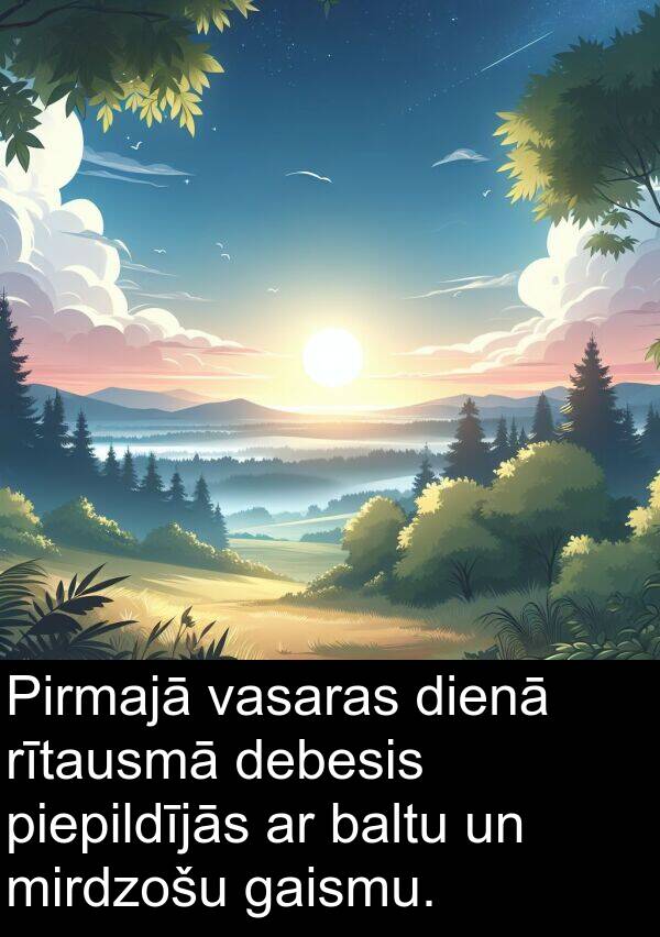 gaismu: Pirmajā vasaras dienā rītausmā debesis piepildījās ar baltu un mirdzošu gaismu.