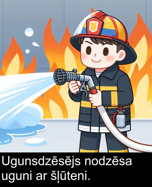 uguni: Ugunsdzēsējs nodzēsa uguni ar šļūteni.