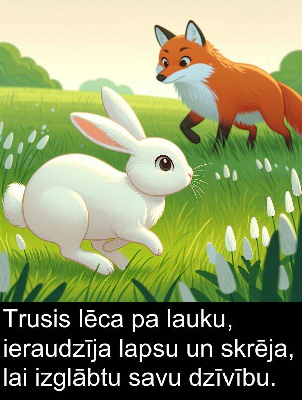 lēca: Trusis lēca pa lauku, ieraudzīja lapsu un skrēja, lai izglābtu savu dzīvību.