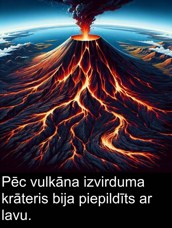 krāteris: Pēc vulkāna izvirduma krāteris bija piepildīts ar lavu.