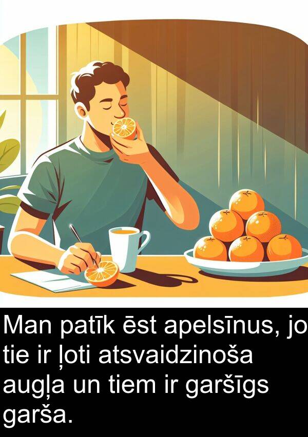 apelsīnus: Man patīk ēst apelsīnus, jo tie ir ļoti atsvaidzinoša augļa un tiem ir garšīgs garša.