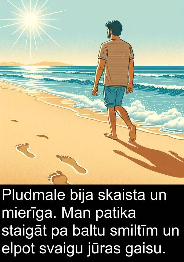 patika: Pludmale bija skaista un mierīga. Man patika staigāt pa baltu smiltīm un elpot svaigu jūras gaisu.