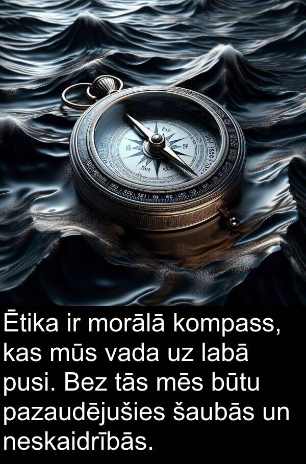 kompass: Ētika ir morālā kompass, kas mūs vada uz labā pusi. Bez tās mēs būtu pazaudējušies šaubās un neskaidrībās.