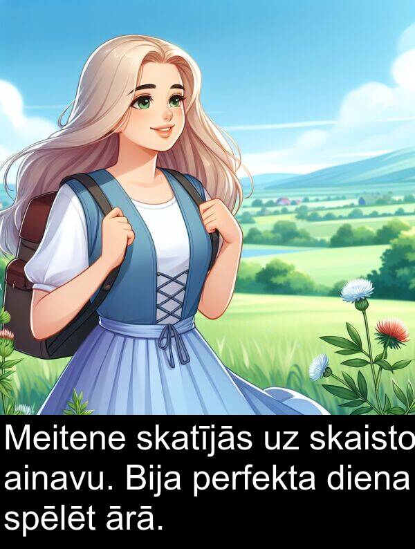 spēlēt: Meitene skatījās uz skaisto ainavu. Bija perfekta diena spēlēt ārā.
