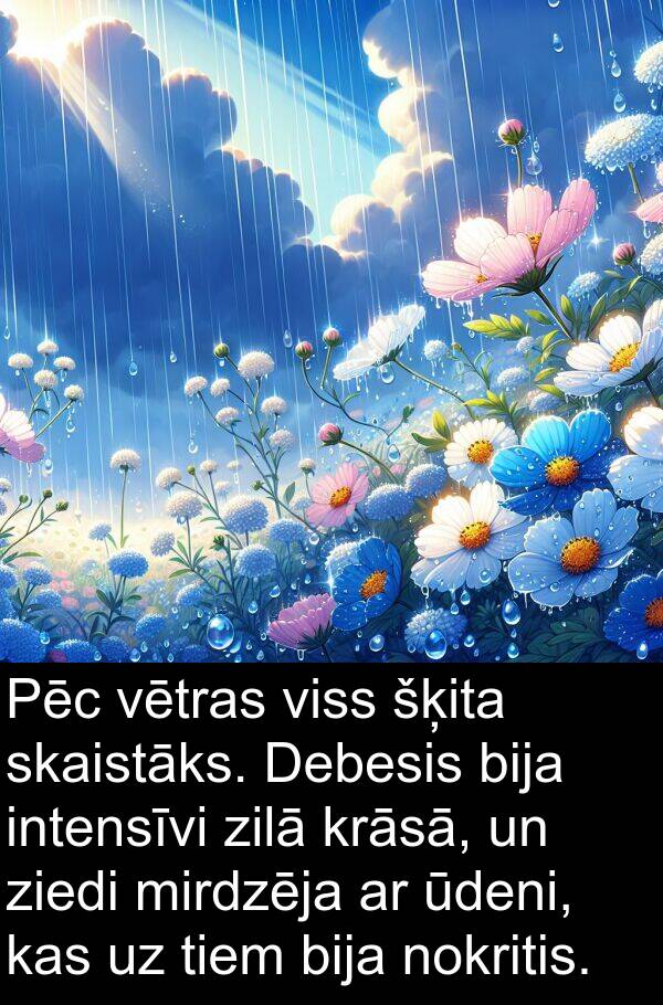 krāsā: Pēc vētras viss šķita skaistāks. Debesis bija intensīvi zilā krāsā, un ziedi mirdzēja ar ūdeni, kas uz tiem bija nokritis.