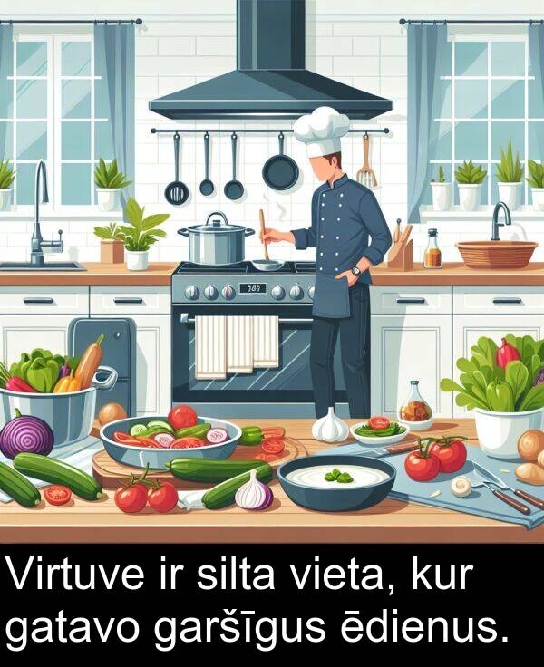 kur: Virtuve ir silta vieta, kur gatavo garšīgus ēdienus.