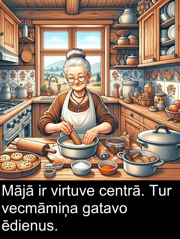 centrā: Mājā ir virtuve centrā. Tur vecmāmiņa gatavo ēdienus.