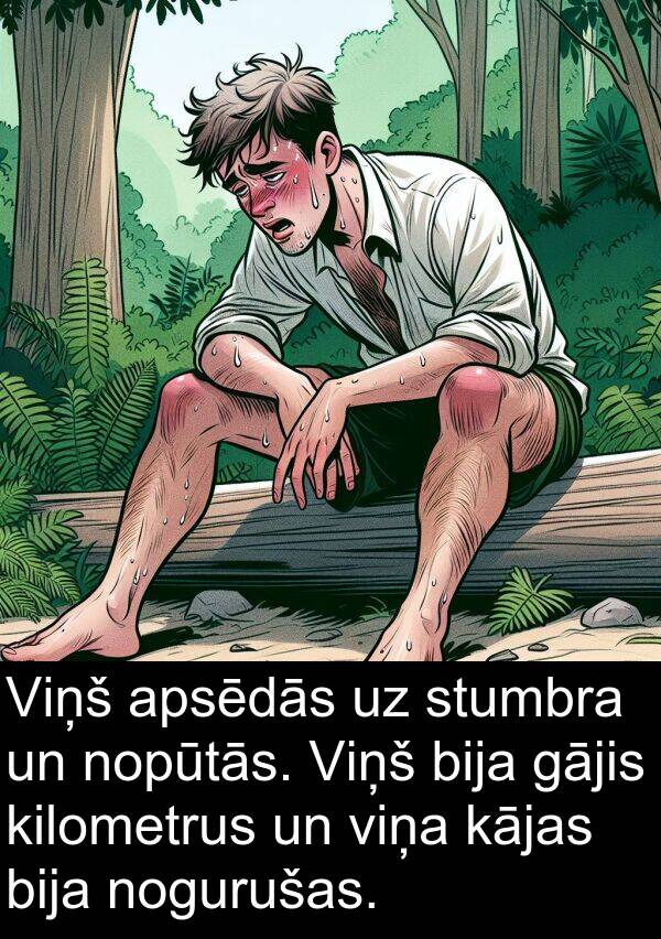 gājis: Viņš apsēdās uz stumbra un nopūtās. Viņš bija gājis kilometrus un viņa kājas bija nogurušas.