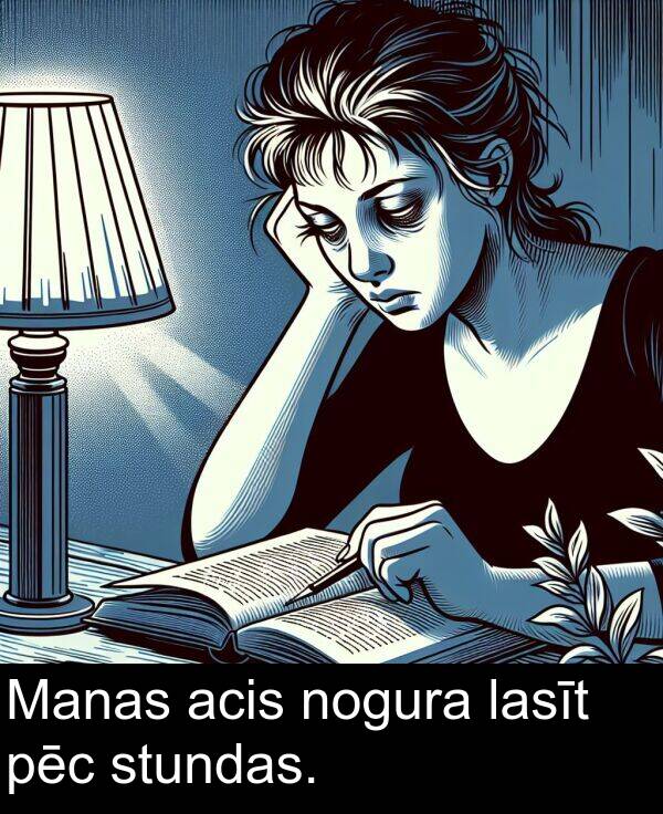 pēc: Manas acis nogura lasīt pēc stundas.