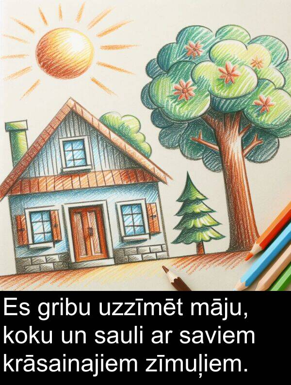 koku: Es gribu uzzīmēt māju, koku un sauli ar saviem krāsainajiem zīmuļiem.