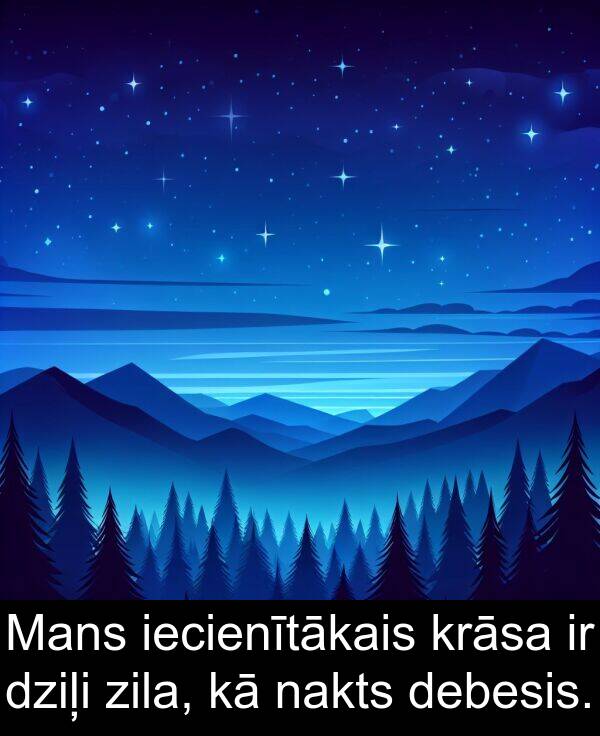 krāsa: Mans iecienītākais krāsa ir dziļi zila, kā nakts debesis.