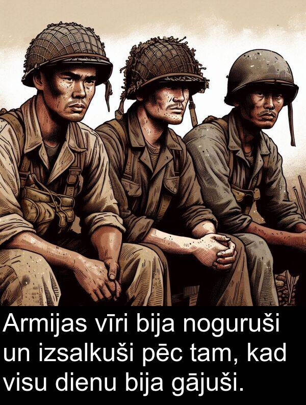 pēc: Armijas vīri bija noguruši un izsalkuši pēc tam, kad visu dienu bija gājuši.