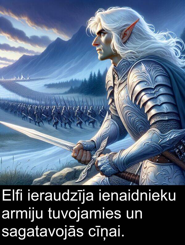 sagatavojās: Elfi ieraudzīja ienaidnieku armiju tuvojamies un sagatavojās cīņai.