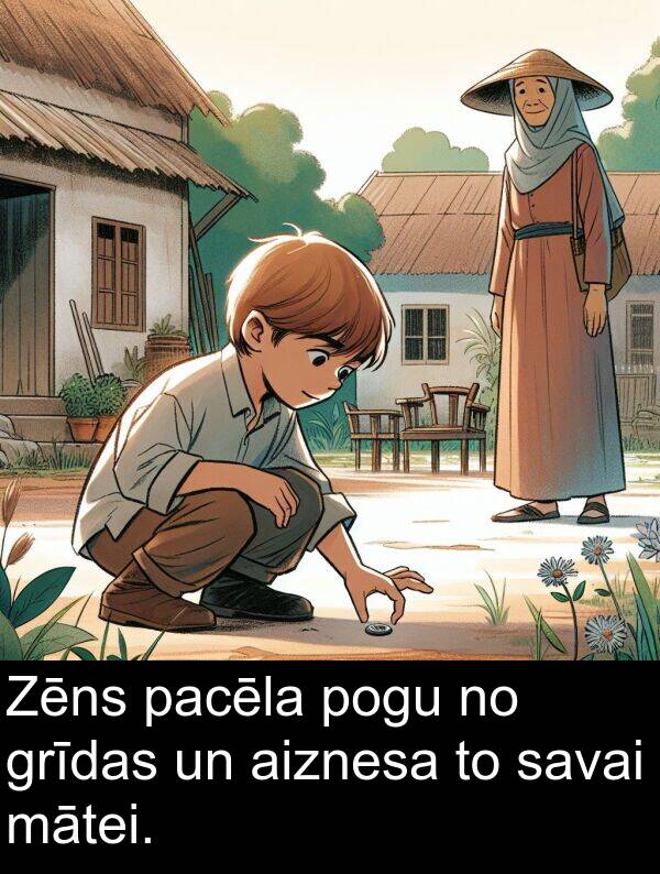 grīdas: Zēns pacēla pogu no grīdas un aiznesa to savai mātei.