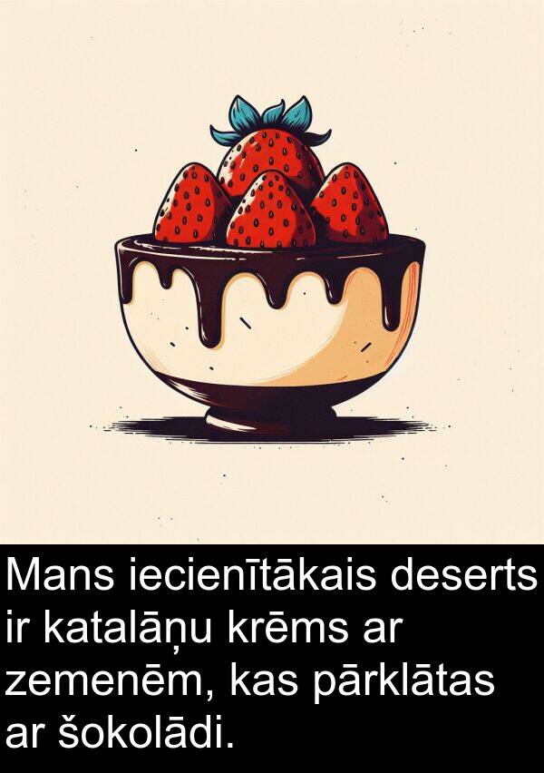 krēms: Mans iecienītākais deserts ir katalāņu krēms ar zemenēm, kas pārklātas ar šokolādi.