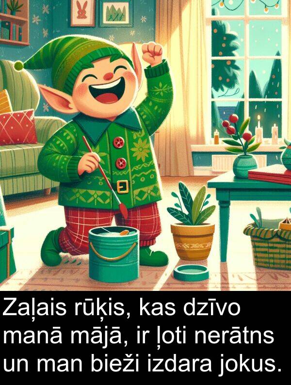 mājā: Zaļais rūķis, kas dzīvo manā mājā, ir ļoti nerātns un man bieži izdara jokus.
