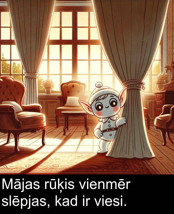 viesi: Mājas rūķis vienmēr slēpjas, kad ir viesi.