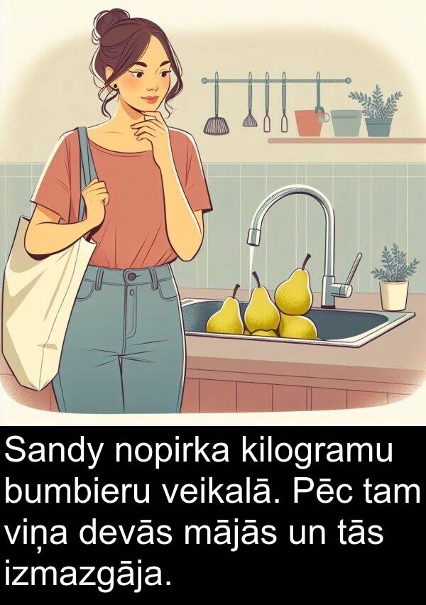 kilogramu: Sandy nopirka kilogramu bumbieru veikalā. Pēc tam viņa devās mājās un tās izmazgāja.
