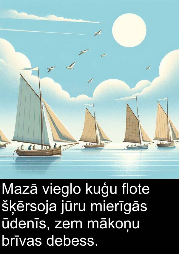 kuģu: Mazā vieglo kuģu flote šķērsoja jūru mierīgās ūdenīs, zem mākoņu brīvas debess.