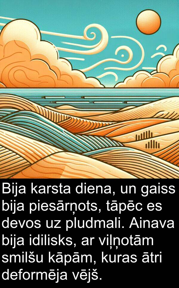 kuras: Bija karsta diena, un gaiss bija piesārņots, tāpēc es devos uz pludmali. Ainava bija idilisks, ar viļņotām smilšu kāpām, kuras ātri deformēja vējš.