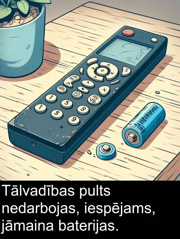 jāmaina: Tālvadības pults nedarbojas, iespējams, jāmaina baterijas.