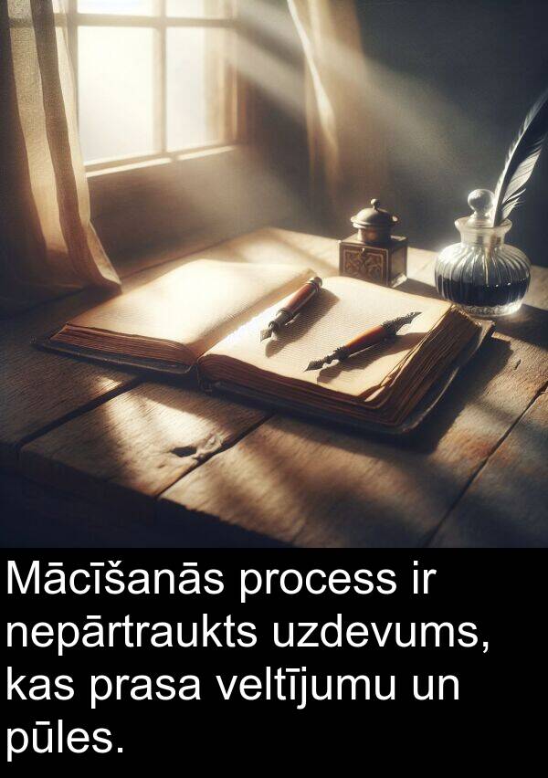 uzdevums: Mācīšanās process ir nepārtraukts uzdevums, kas prasa veltījumu un pūles.