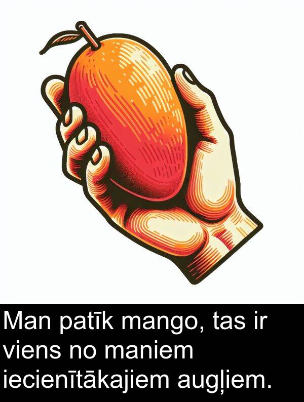 viens: Man patīk mango, tas ir viens no maniem iecienītākajiem augļiem.