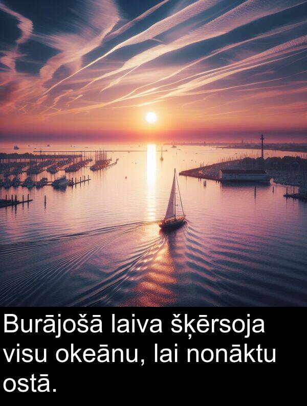 šķērsoja: Burājošā laiva šķērsoja visu okeānu, lai nonāktu ostā.