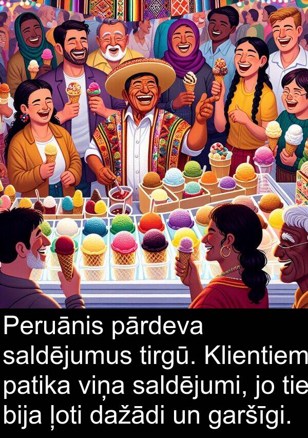 patika: Peruānis pārdeva saldējumus tirgū. Klientiem patika viņa saldējumi, jo tie bija ļoti dažādi un garšīgi.
