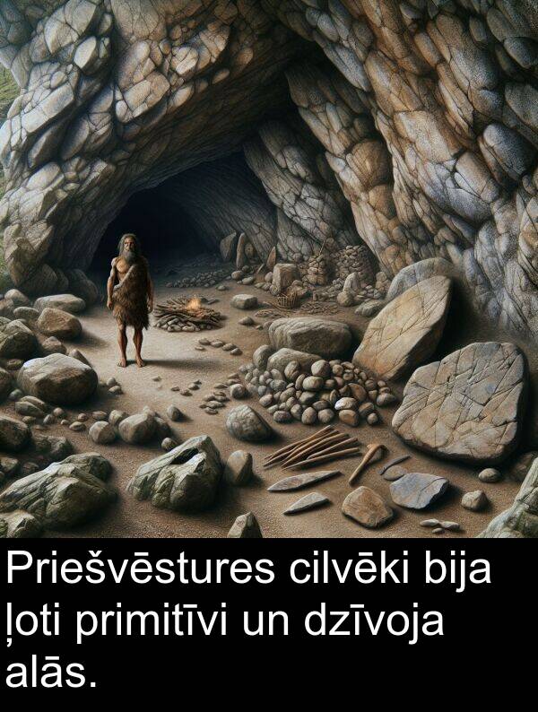 alās: Priešvēstures cilvēki bija ļoti primitīvi un dzīvoja alās.
