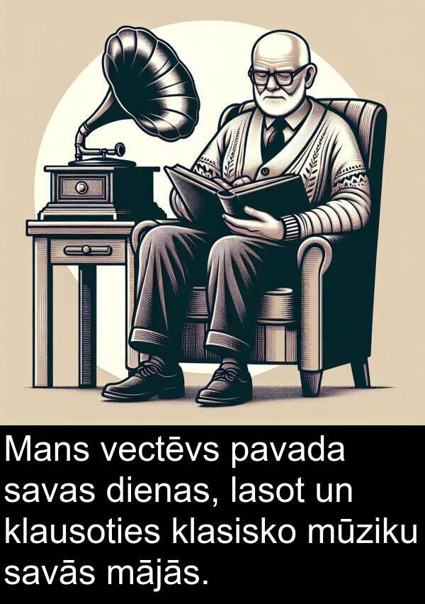 mājās: Mans vectēvs pavada savas dienas, lasot un klausoties klasisko mūziku savās mājās.