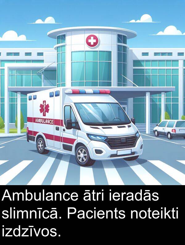slimnīcā: Ambulance ātri ieradās slimnīcā. Pacients noteikti izdzīvos.